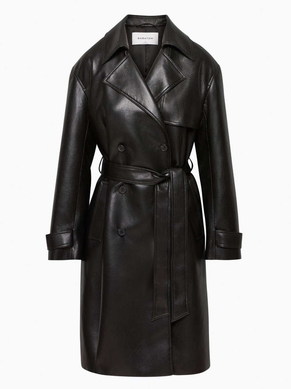 Aritzia Black Faux Leather Trench Coat with Self-Tie Belt